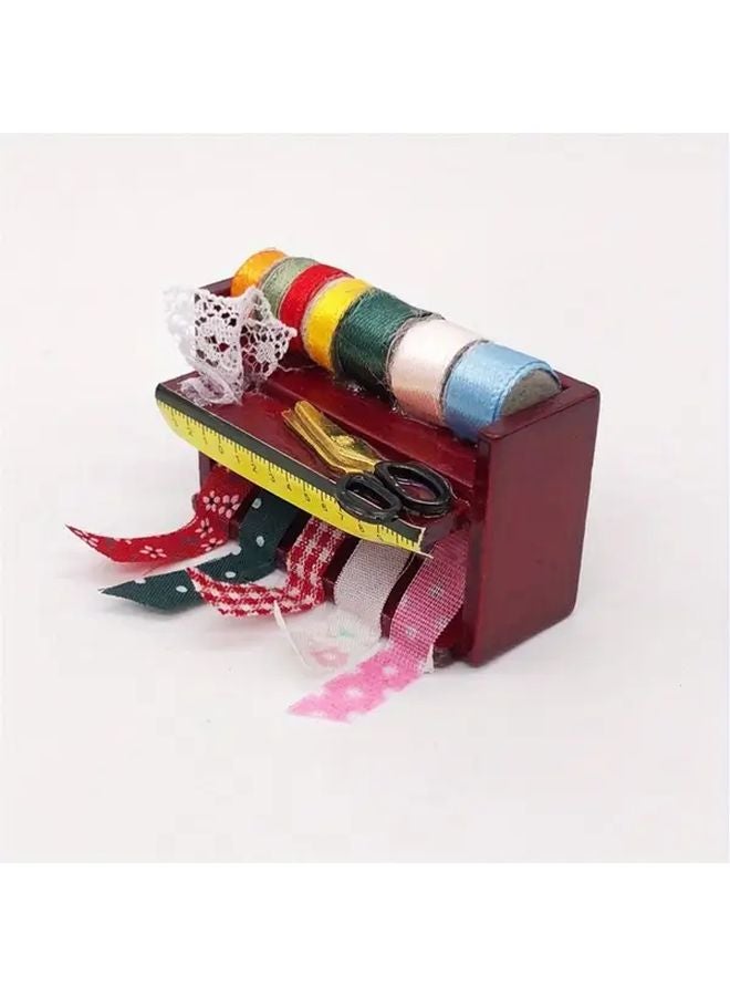 Mahogany Miniature Dollhouse Sewing Tool Box With Scissors Ruler And Needle Holder - Image 1